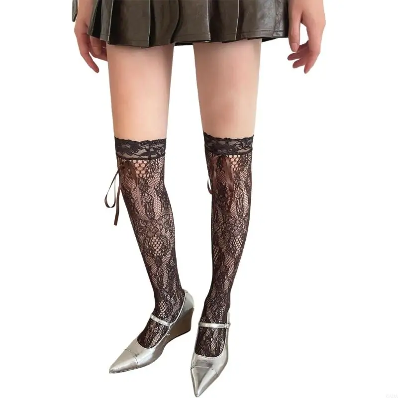 

Flroal Lace Stockings Women's Over The Knee Socks Sweet Bows Laces up Thigh High Socks Hosiery Gifts 6XDA