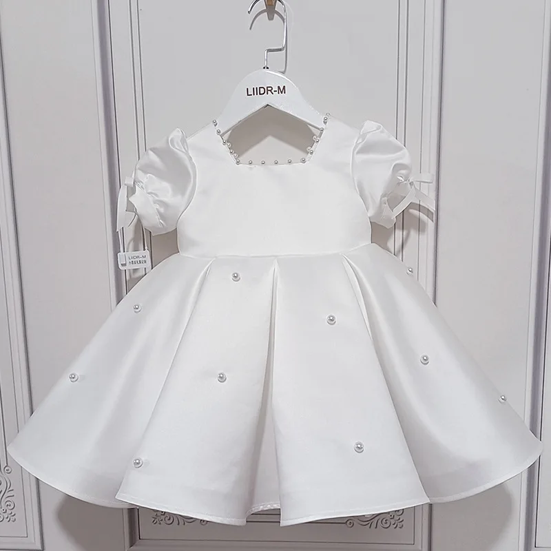 White Satin Tulle Baby Girl Dress Toddler Girls Infant 1 Year Birthday Party Puff Sleeve Beads Newborn Baptism Christening Gown