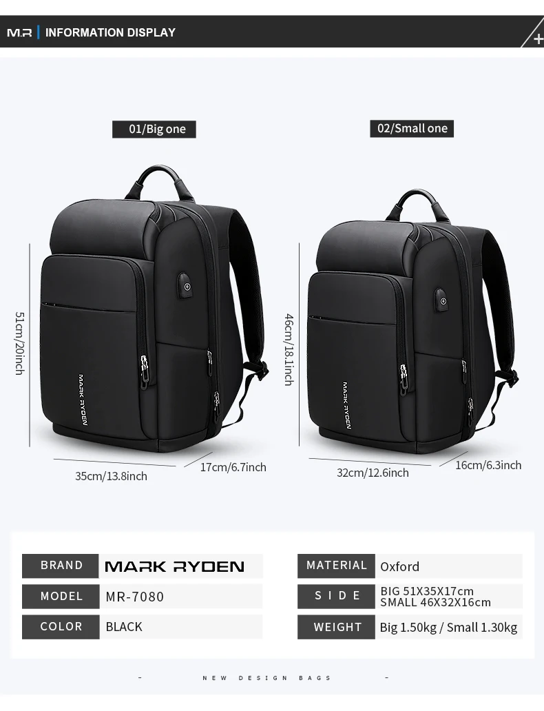 Mark Ryden 17 Inch Laptop BagMen Backpack Multifunction USB Charging Large Capacity Waterproof Travel Bags For Men