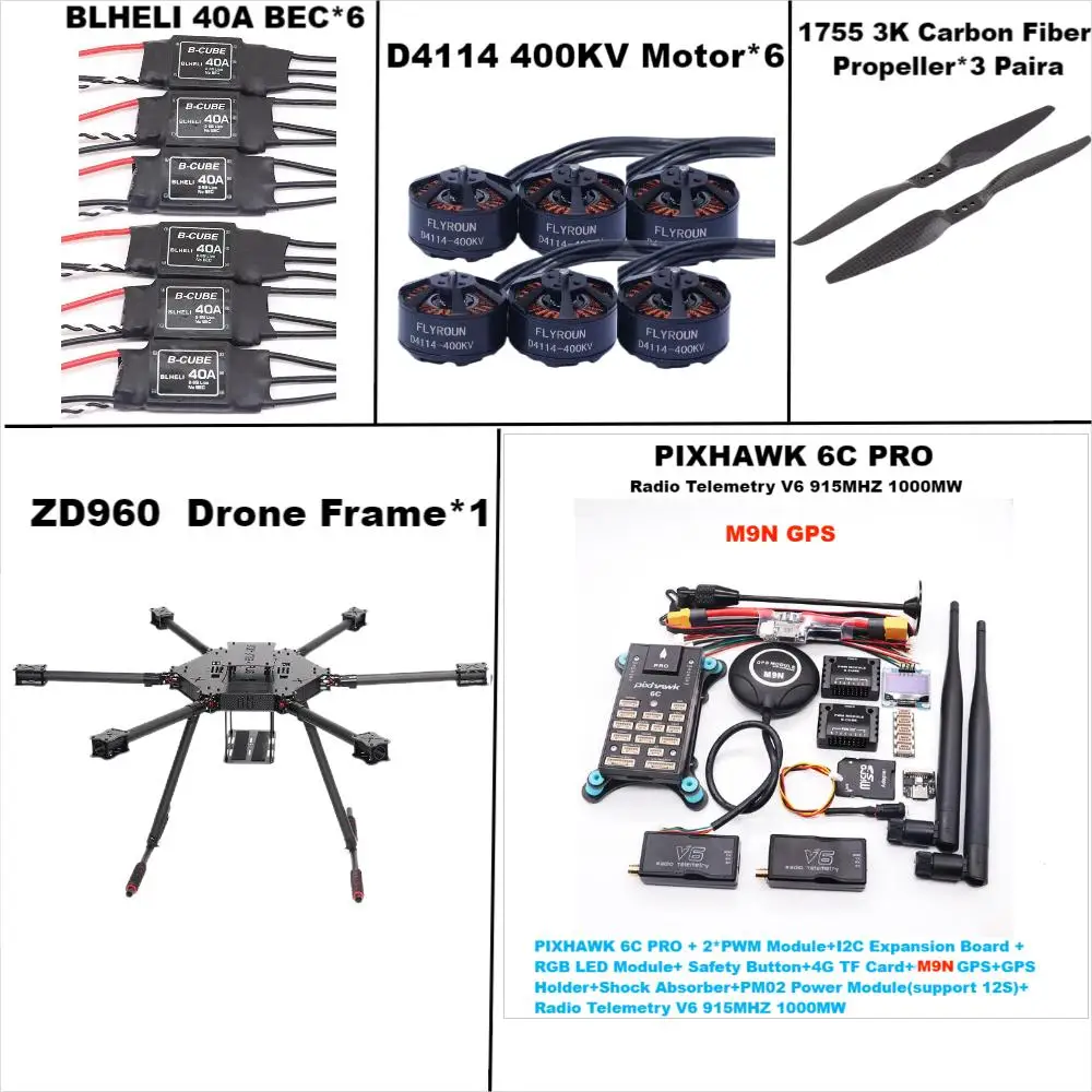 Angeltoy ZD960 PIXHAWK 6C PRO M8N/M9N/M10 marco hexa-rotor de fibra de carbono BLHELI 40A ESC Control de vuelo juego de telemetría Rado
