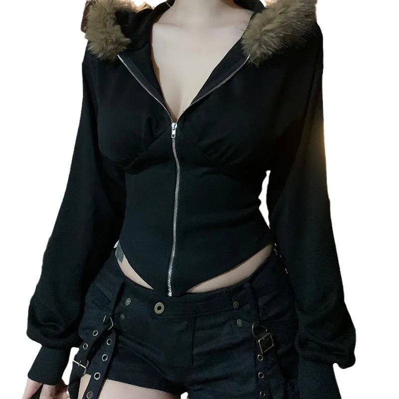 Autumn Winter Faux Fur Collar Solid Hooded Coats Women Casual Slim Waist Zip Hoodies Gothic Jackets Fashion Y2k Streetwear