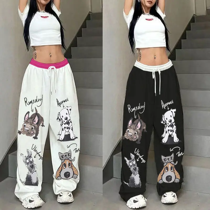 Hip Hop Street Puppy Pattern Splicing Color Collision Sports Casual Pants High Waist Loose Straight Leg Wide Jazz Dance Pants