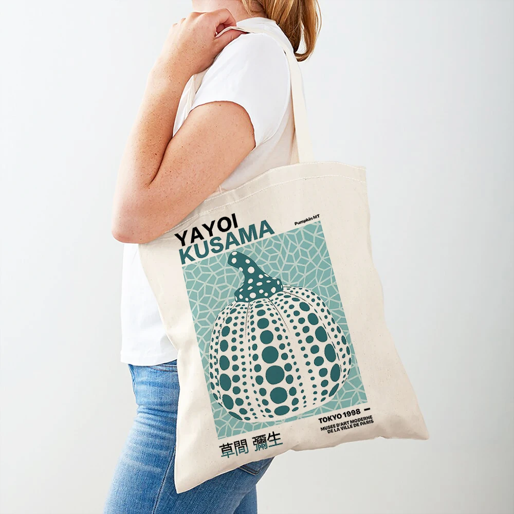 Yayoi Kusama Women Shopper Bag Mushroom Pumpkin Wave Dot Girl Tote Handbag Double Print Fashion Art Casual Lady Shopping Bags