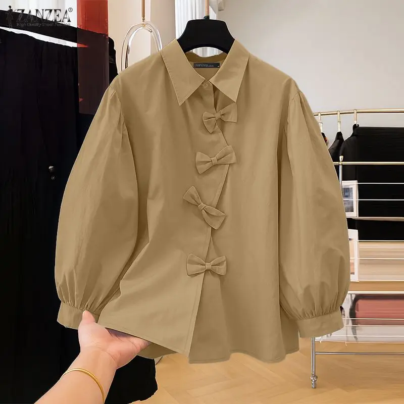 

ZANZEA, женская рубашка, осень 202, блузка с длинными рукавами-фонариками, элегантные топы с воротником-фонариком и бантом, стильные однотонные рабочие рубашки на пуговицах, Blusas