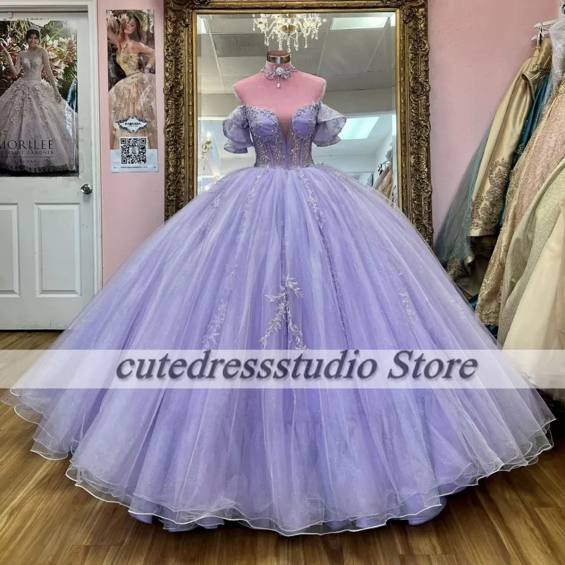 Elegant Lilac Quinceanera Dresses 2024 Off The Shoulder Sequin Applique Corset Back Vestido De XV Anos Sweet 16