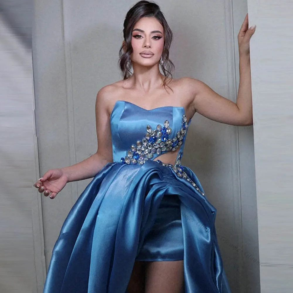 Romantic High Low Prom Dresses With Crystals Pleats Draped Custom Made robes de soirée Evening Formal Dress Advanced Style