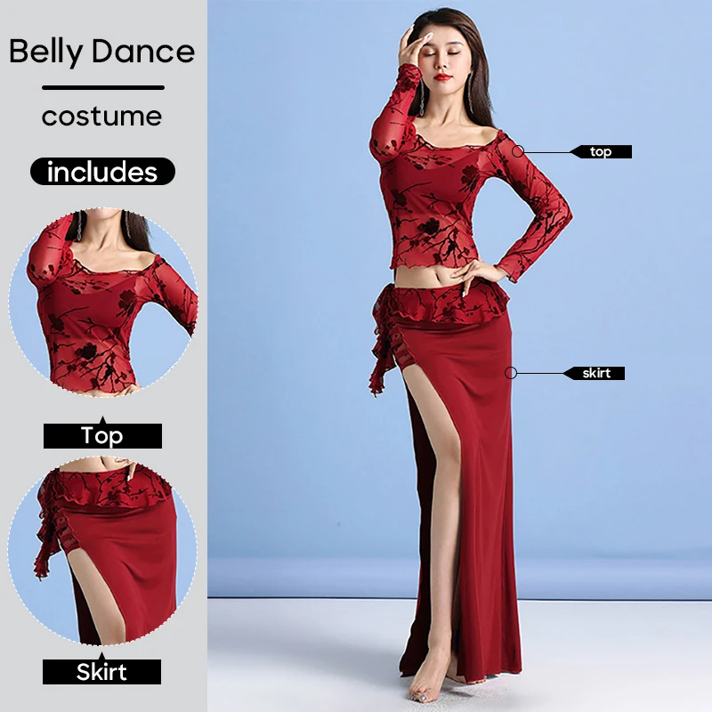 2 Pcs Set Belly Dance Costumes Top & Skirt Long Sleeves Dancing Outfit for Adult Stage Performance Wearing Suit Practice Clothes