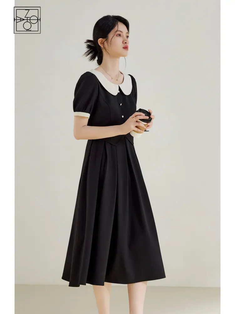 

ZIQIAO Peter Pan Collar Office Lady Women Long Dress Fake Two Piece Twill Temperament A-LINE Skirts Puff Sleeve Women Dress