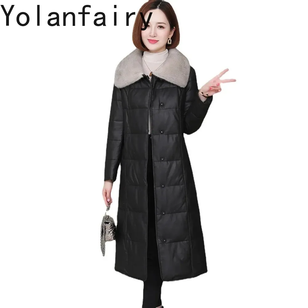 

YOLANFAIRY пуховик из натуральной кожи, женское зимнее пальто, женская одежда, длинный норковый воротник, женские кожаные куртки из овчины