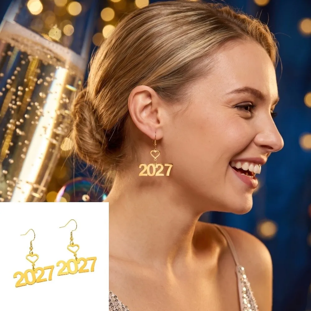 Elegant 2027 Digital Earrings Long Drop Metal Alloy Happy New Year Earrings Love Heart Design Hollowed-out Fashion Stud Earrings