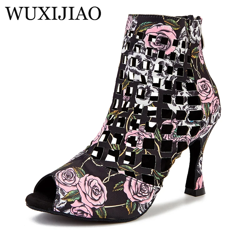 New shoe for woman cutout satin rose ankle boots prom shoes latin heel 7.5cm