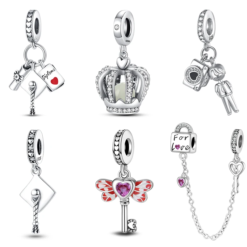 

925 Sterling Silver Eternal Love Crown Lock key Charms Beads Fit Pandora 925 Original Bracelets DIY Jewelry Valentine's Day Gift