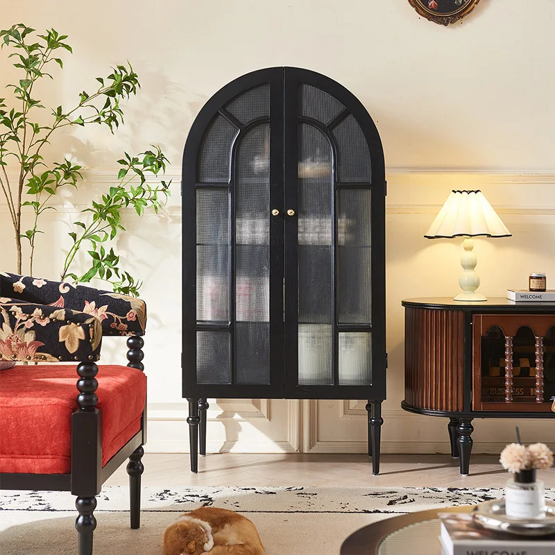 

Французский ретро арочный стеклянный боковой шкаф из цельного дерева, бытовой настенный арочный шкаф для гостиной, встроенная столовая