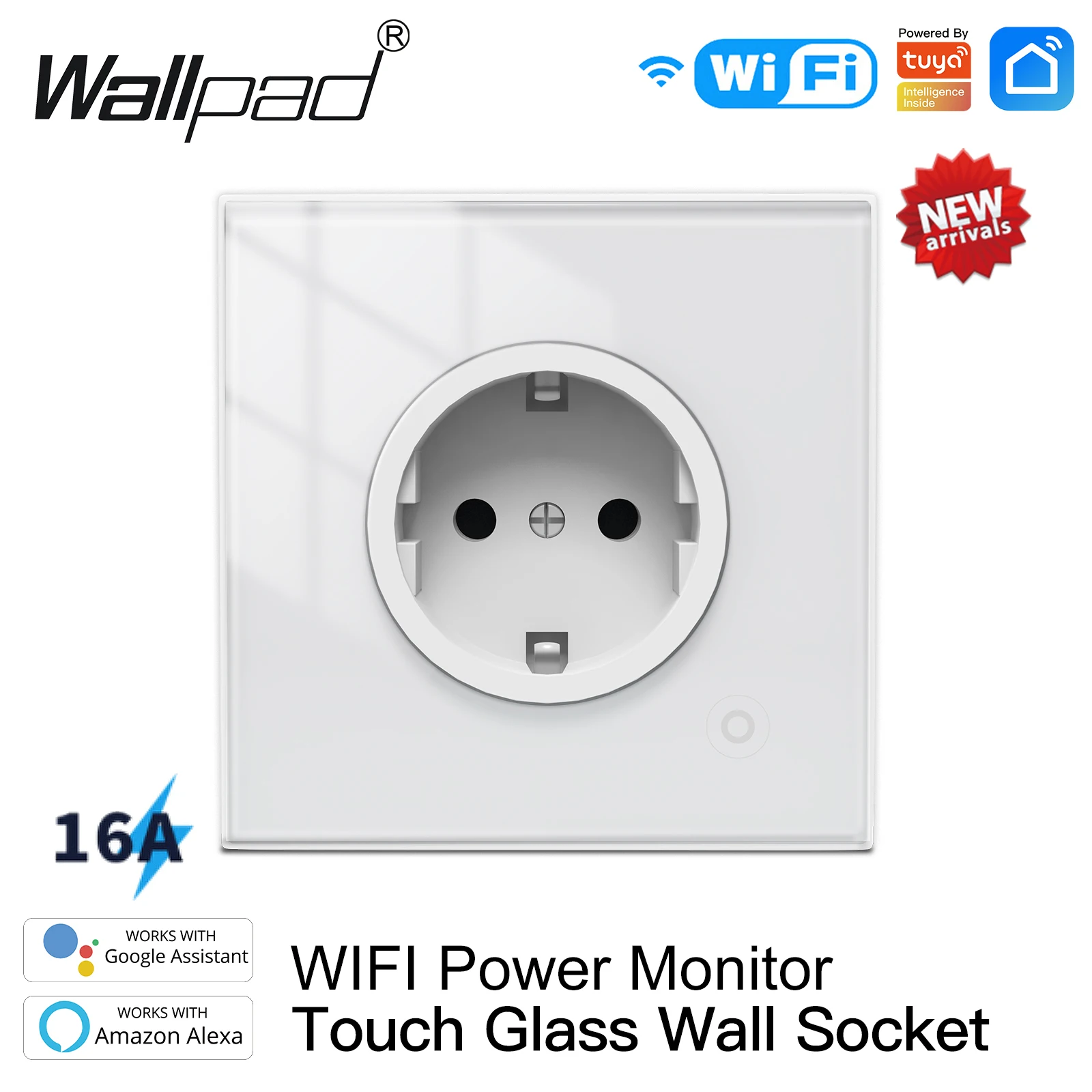 

WiFi EU Socket 16A Glass Panel Outlet Power Monitor Tuya Smart Life App Alexa Touch Plug Relay Status Light Mode Adjustable