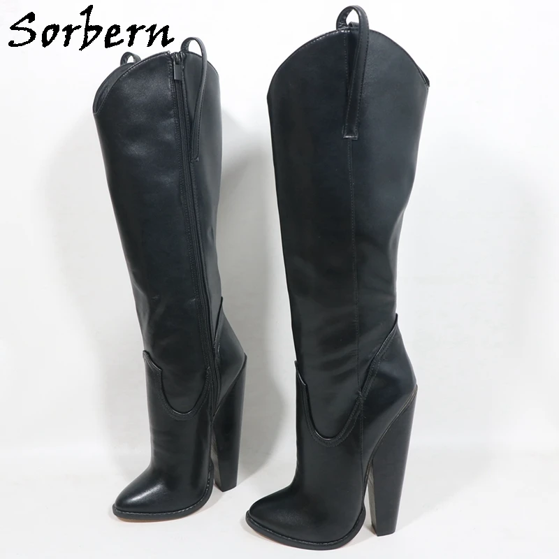

Sorbern Vintage Cowboy Knee High Boots For Women Block High Heel Pointed Toes Slip Round Top Chunky Heeled Custom Wide Legs