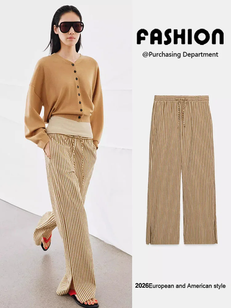 

Spring New Arrival Women's Casual Stripe Pajama Style Bell Bottom Pants High Waist Long Trousers Versatile Sleepwear