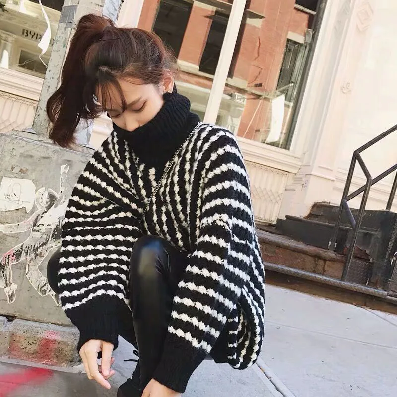 

Свободный свитер с высоким воротом для женщин, осенне-зимняя новинка, корейская версия, универсальная вязаная кофта для повседневной носки