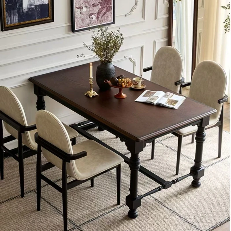 

American solid wood dining table and chairs French retro light luxury black rectangular table living room home dining table prem