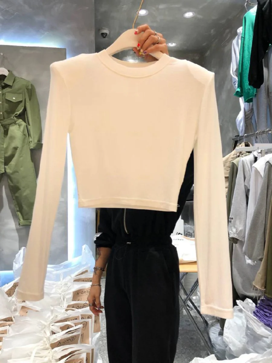 High Waist Slim Fit Long Sve Base irt oulder Pad Women's Inner Wear T-irt Korean Sle Commute Faion Pure Color