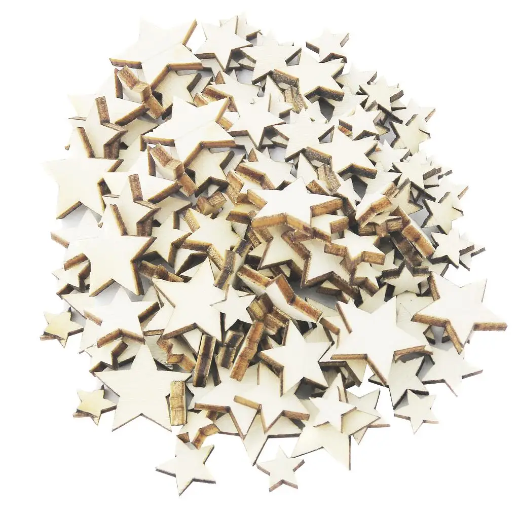 200 Pcs Mixed Size Wooden Shape Star Embellishments for Scrapbooking Crafts