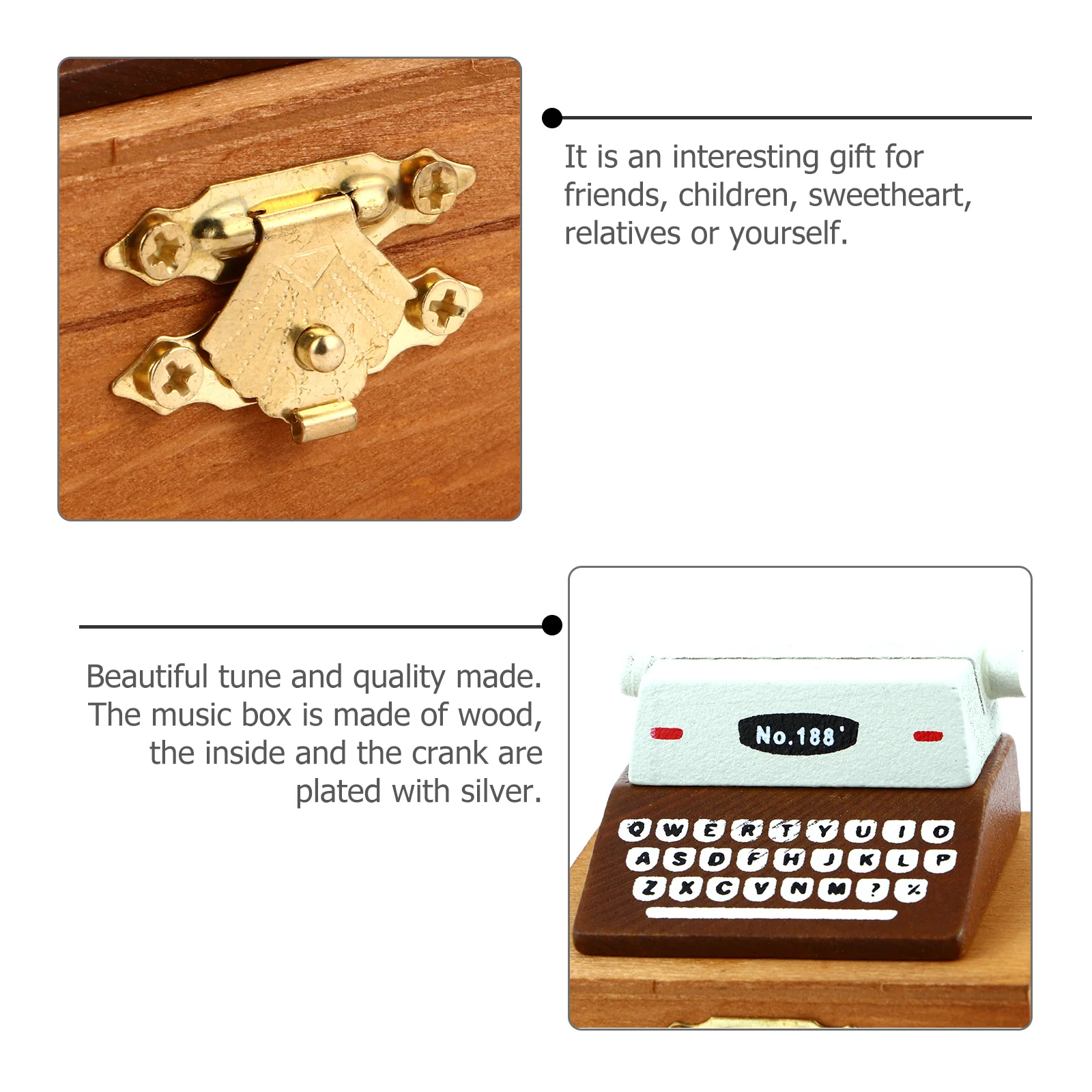 

1pc Hand Typewriter Music Box Retro Wooden Mini Clockwork Music Box Manual Musical Gift For Christmas Birthday Mother'S Day