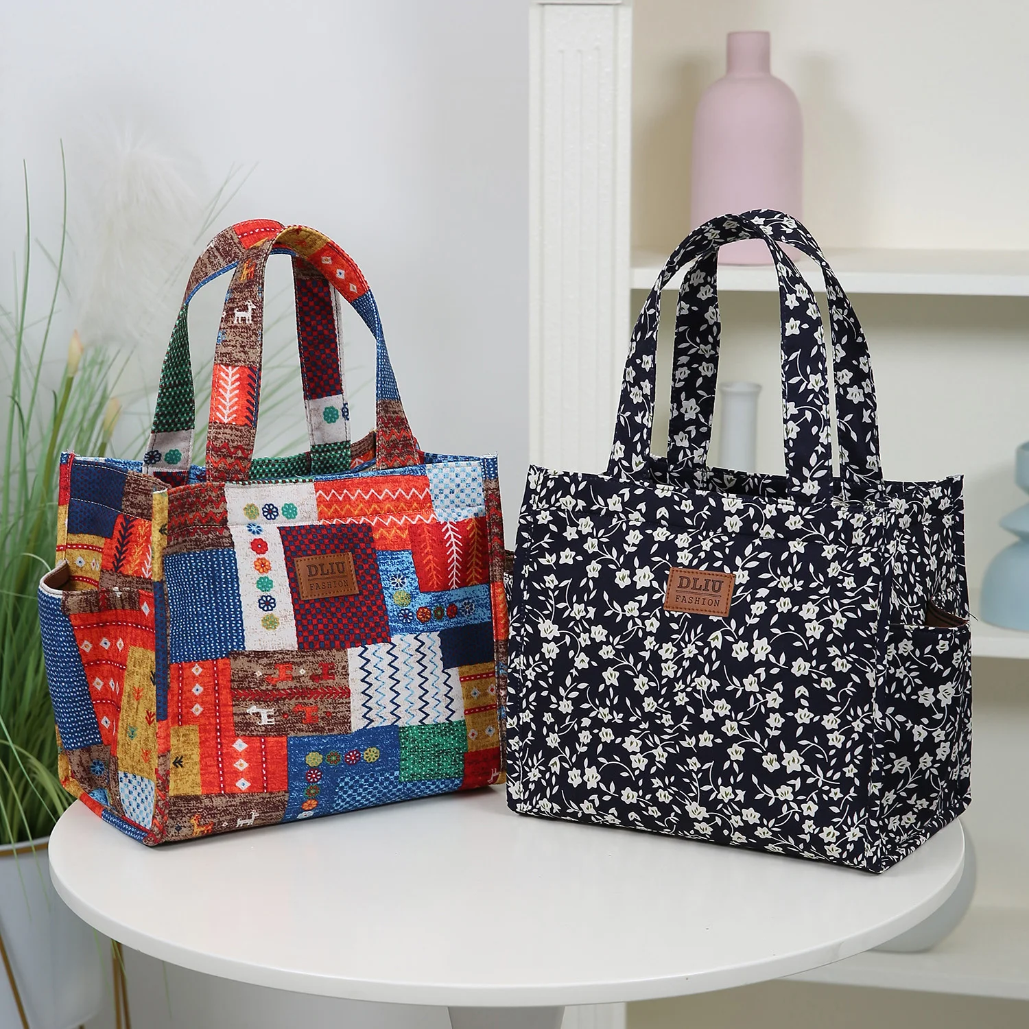 Neue Handtasche aus verdicktem Stoff mit Blumenmuster, Lunch-Tasche, tragbare Lunchbox-Aufbewahrungstasche, Reißverschluss-Design, multifunktionale Tragetasche – Detail 4