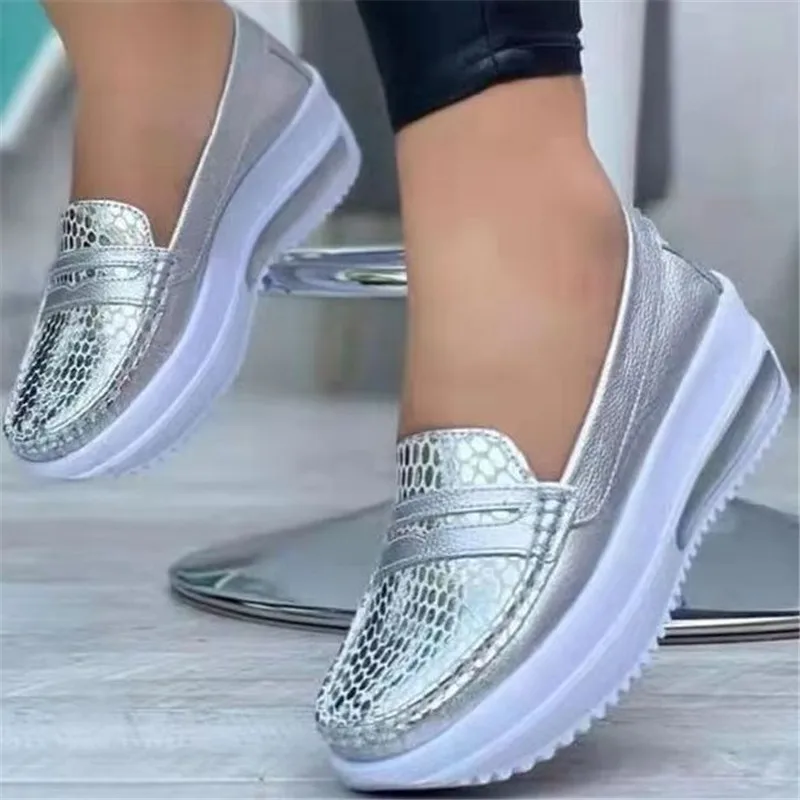 

Women Fashion Pu Leather Loafers Female Breathable Slip-On Comfort Vulcanized Shoes Woman Casual Wedge Heel Lightweight Sneakers