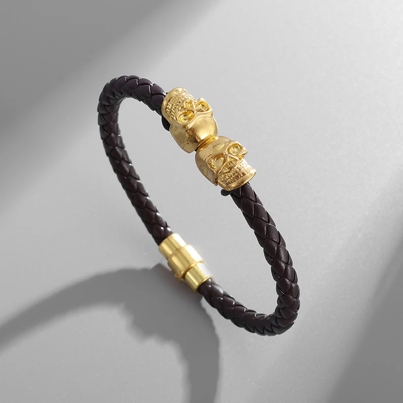 Pulsera de calavera de cuero clรกsica con cierre magnรฉtico para hombres, encanto de negocios, regalo de joyerรญa informal