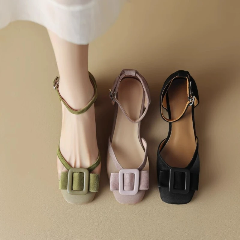 Baotou Mesh Sandals Women's Summer Comfortable Mid-heel Buckle Everyday Solid Color Block Heel Buckle Single Shoes