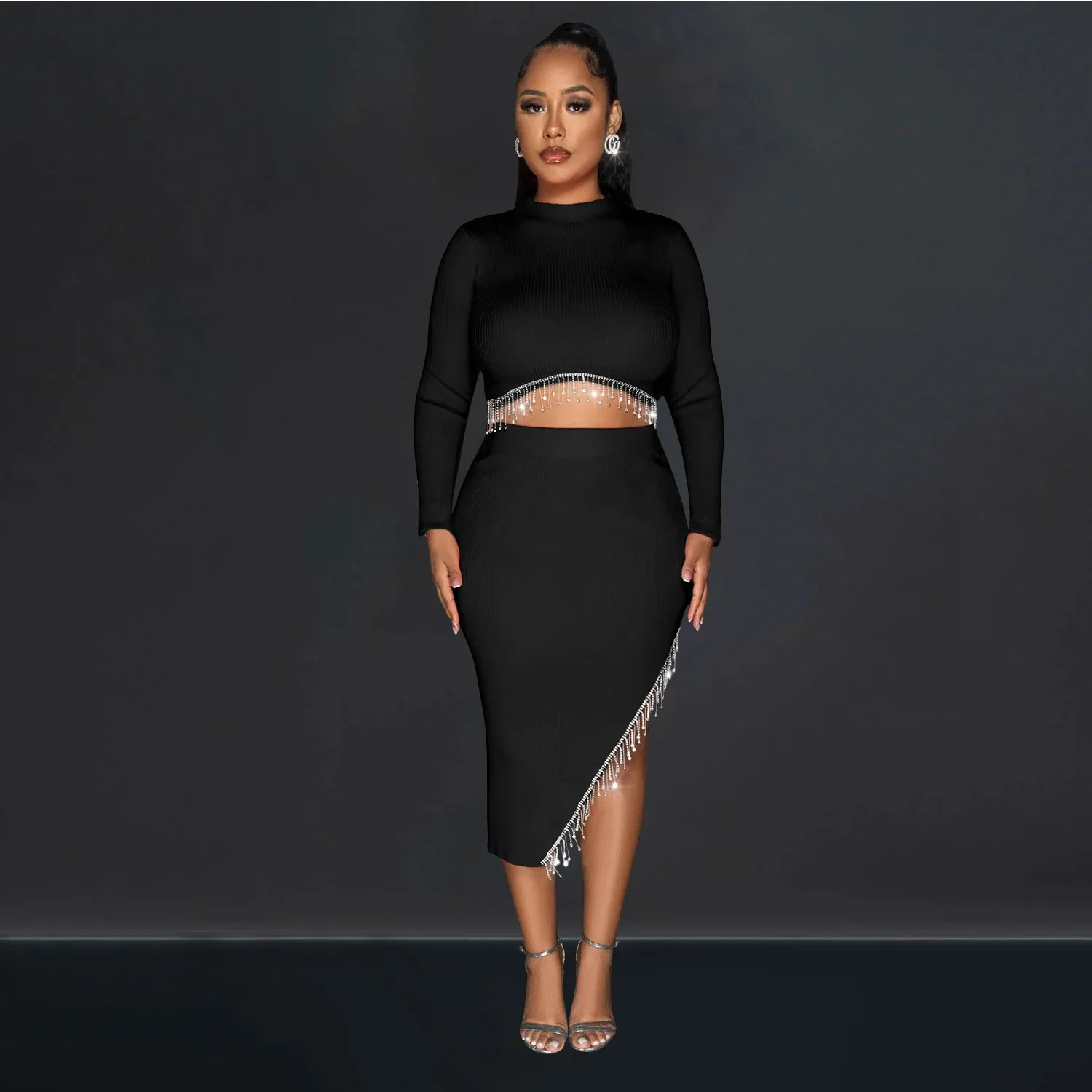 

2024 Sexy O-Neck Long Sleeve T-shirt and Split Skirt Two 2 Piece Sets Party Crystal Tassel Solid Color Elegant Women Clothing