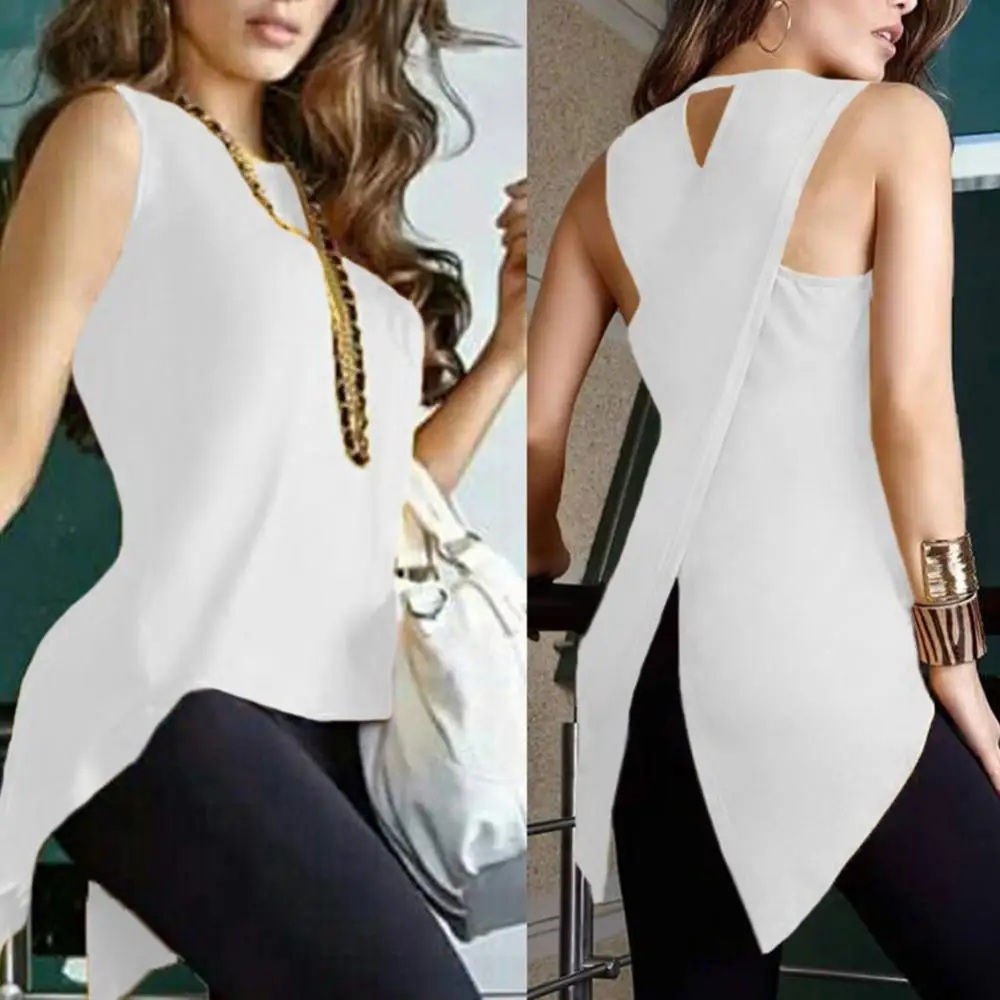 New Women Summer Fashion Solid Color Sleeveless Irregular Cross Back Vest Tank Top - Image 5