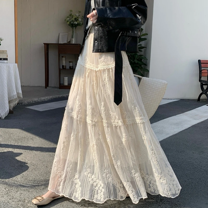 

French Chic Mid Long Skirt Womens Crochet Lace Skirt Goth Lolita Spring Summer High Waisted Embroidery Ruffle Pleated Skirts rok