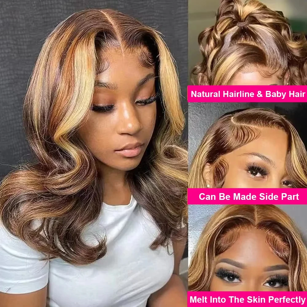 Umi 13x4 #4/27 Highlight Body Wave Lace Frontal Human Hair Wigs 230 Density Pre Plucked Brown Blonde Ombre Short BOB Wigs