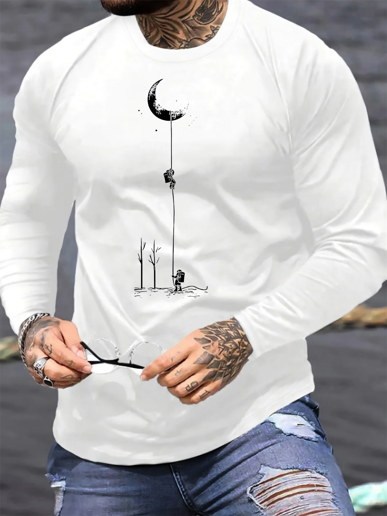 2026 الرجال الأساسية الدافئة الداخلية فضفاضة تنفس مريحة طويلة الأكمام الرياضة عادية مطبوعة الجولة الرقبة طويلة الأكمام تي شيرت