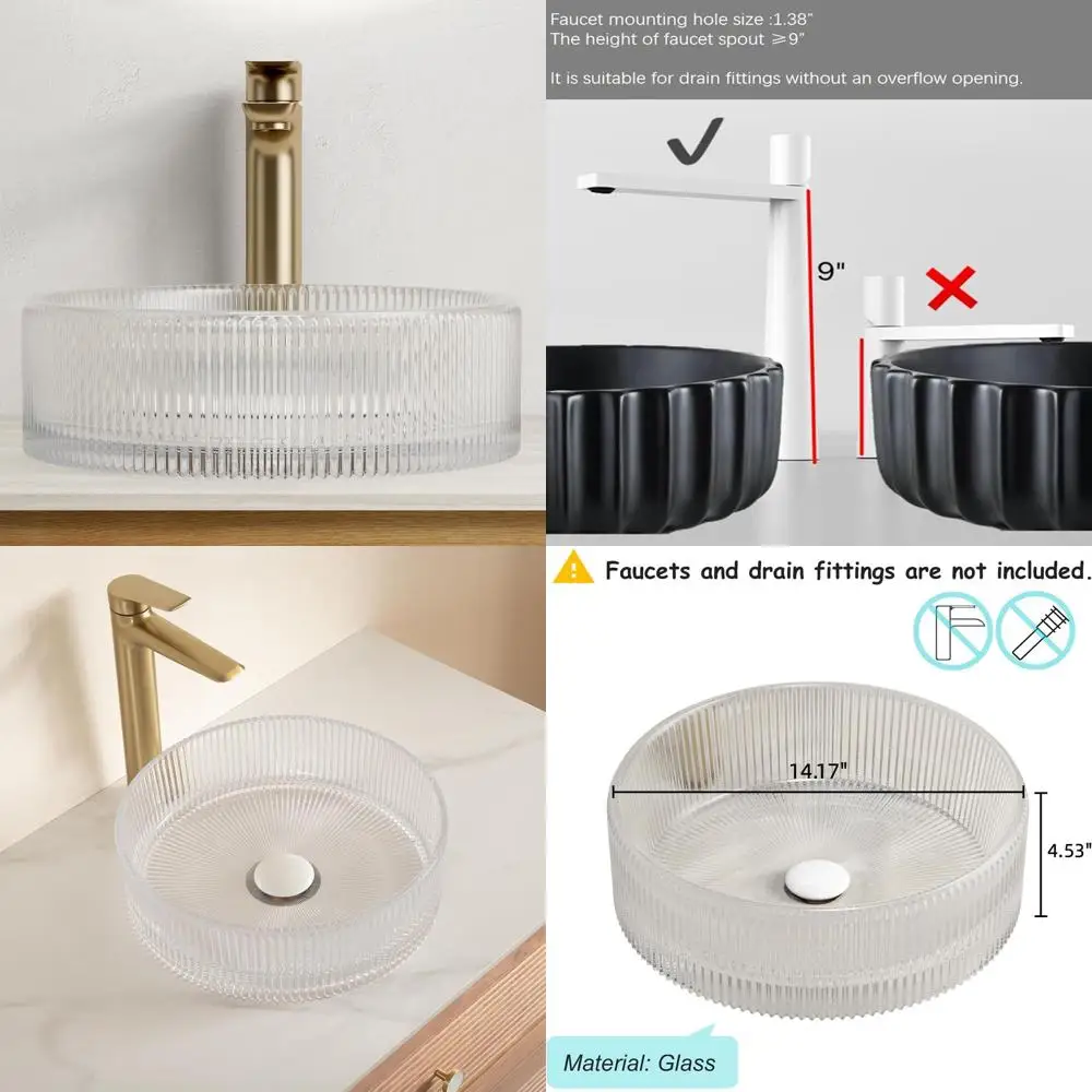 14 Round Crystal Glass Bathroom Sink Basin, Above Counter Design, 14.17 x 4.53, Transparent