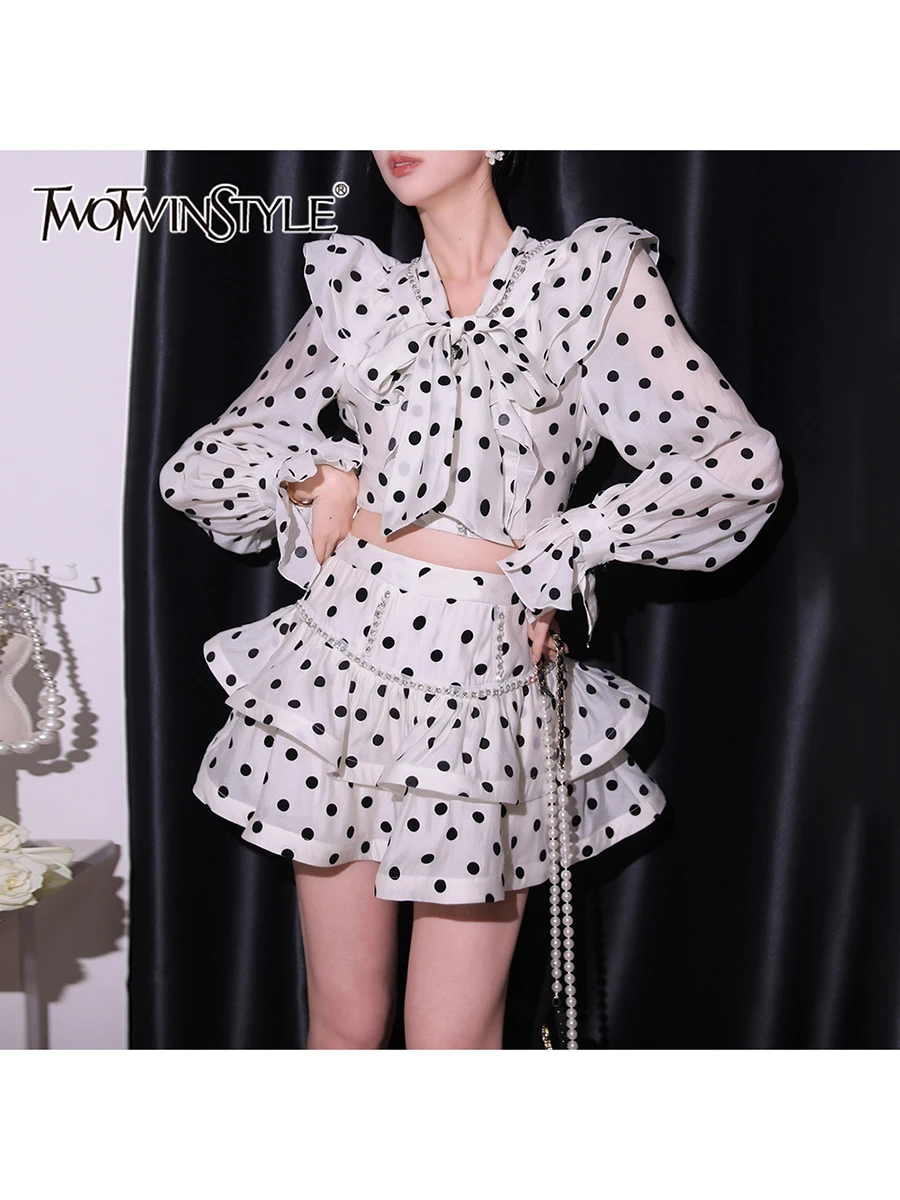 

TWOTWINSTYLE Wave Point Spliced Bead Two Piece Sets for Women Bow Neck Long Sleeves Blouse Patchwork Ruffles Skirt Set Female