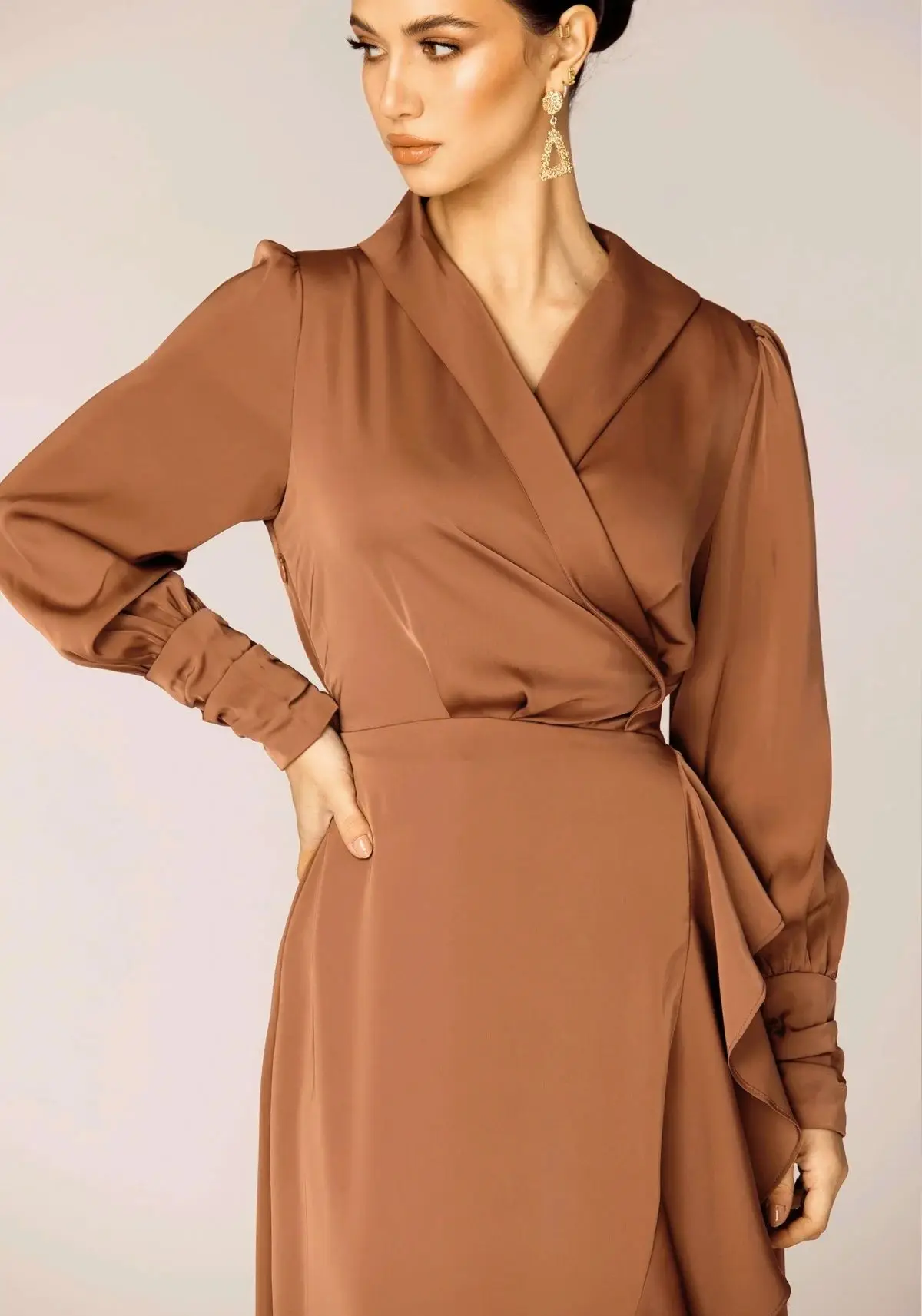 Solid Flounce Long Sleeve Belted Wrap Dress Muslim Ruffle Satin Abayas Dress For Women Eid Robe IsIamic Clothing Vestidos Kaftan