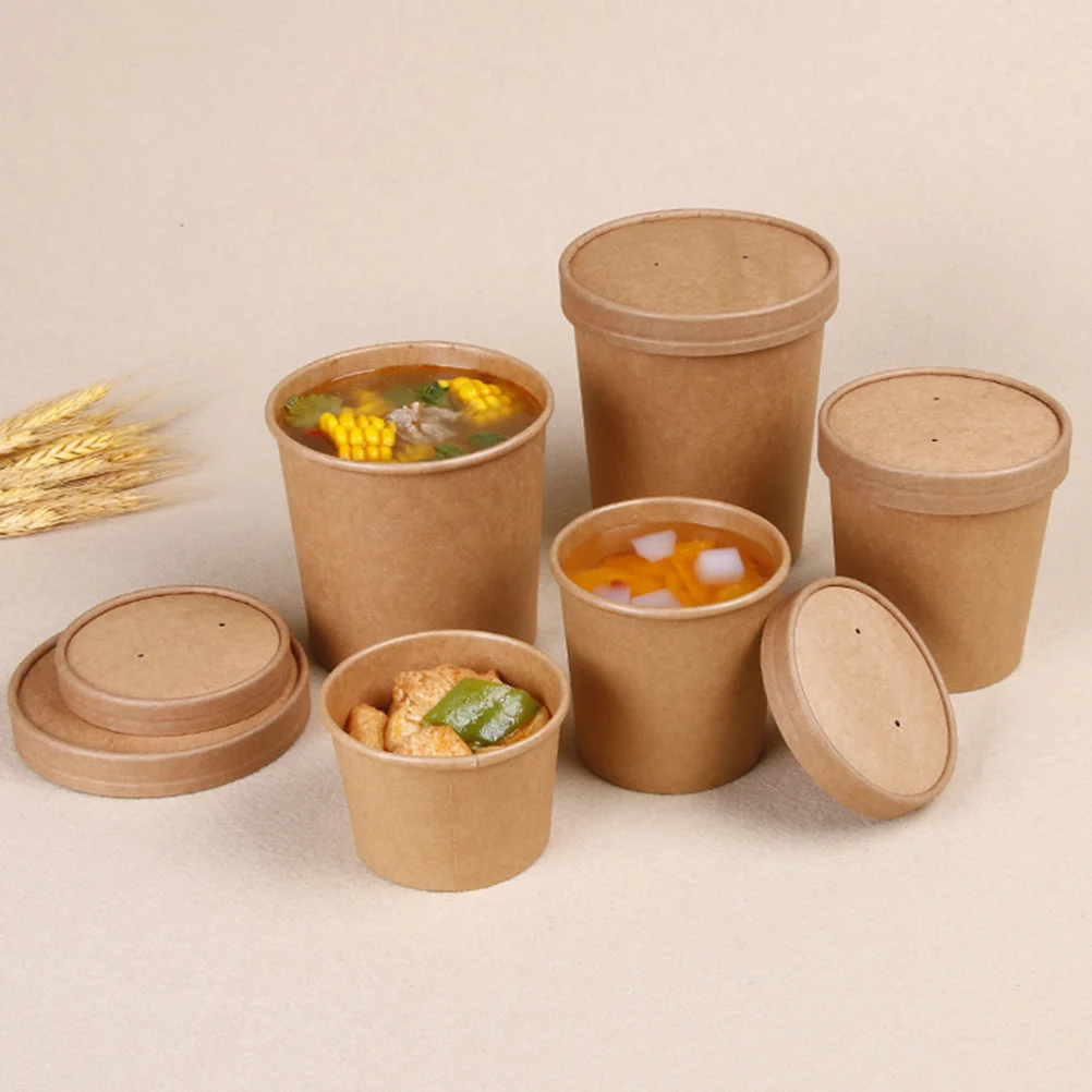 

50 Pcs 12 Oz Oil-Proof Thickened Kraft Paper Soup Cups with Lids Disposable Takeaway Food Barrels for Hot Soup Dessert Container