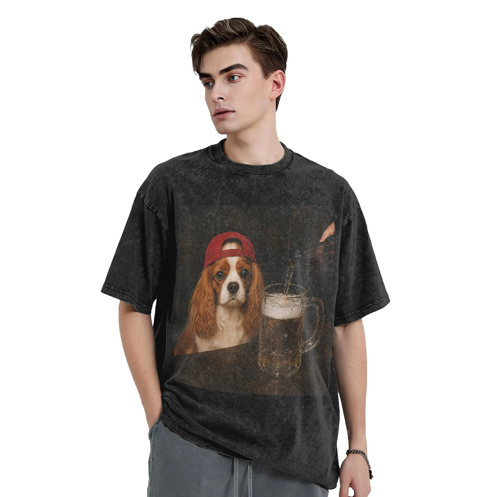 Cavalier King Charles Spaniel Drinking Beer Washed T Shirts Streetwear  T-Shirts Dog Meme Tee Shirt for Men Women Short Sleeve