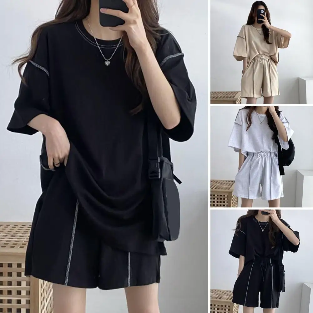 

Lady Top Shorts Set Stylish Women's Summer Tracksuit Loose Top Elastic Waist Shorts Sport Outfit for Students Wear Women Summer