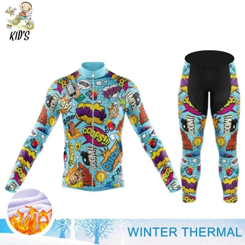 2022 Kids Cartoon Cycling Jersey Set Winter Thermal Fleece Boys Girls Bike Clothing Road Bike Suit MTB Children Maillot Ciclismo