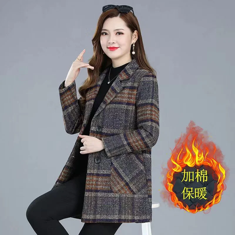 New Autumn Winter Women's Plaid Woolen Coat Mid-length Casual Female Jackets Double breasted Outerwear Ladies Jacket Overcoats