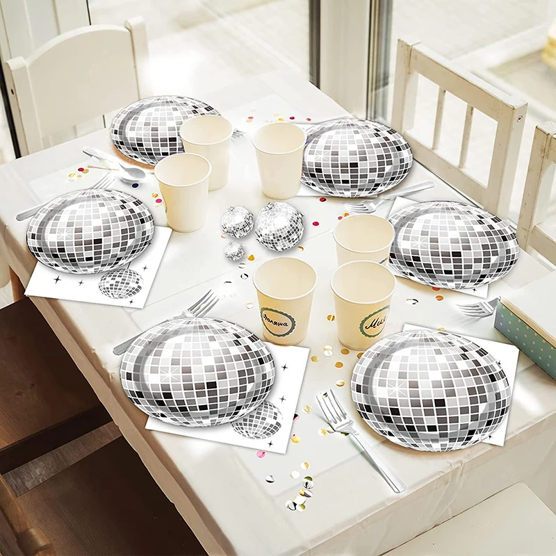 Conjunto de talheres para festa discoteca dos anos 80, prata, 7 pol./9 pol., pratos de papel, copos e guardanapos para aniversários, casamentos e decoração temática vintage