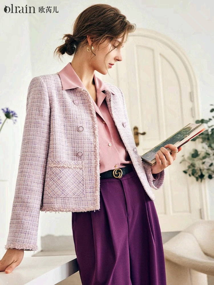 OLrain الفرنسية معطف قصير المرأة خريف 2025 مزاجه الجديد منقوشة الحلو الأعلى أنيقة تخفيف جيب س الرقبة جاكيتات O22QW63195 #1
