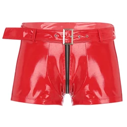 Men Wet Look Patent Leather Zipper Crotch Shorts Hot Pants with Belt Underwear Nightclub Pole Dancing Show Clubwear Nightwear