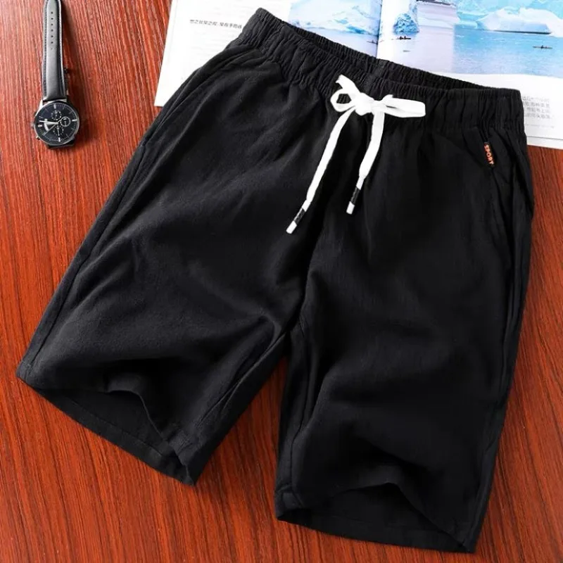 2024 Summer Men's New Elasticized High Waited Pocket Drawstring Fashion Solid Color Comfortable Versatile Loose Casual Shorts