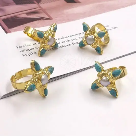 

WT-MPR162 Горячая Распродажа, изысканные регулируемые кольца в форме креста с бирюзовым камнем и жемчугом, покрытые 18-каратным золотом для украшения пары