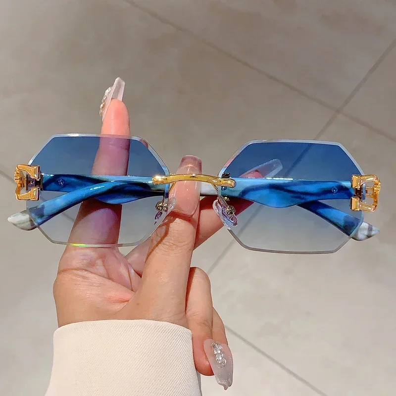 

Vintage Rimless Polygon Shades Luxury Brand Gradient Women's Sunglasses Fashion Leopard Decor Travelling Sun Glasses
