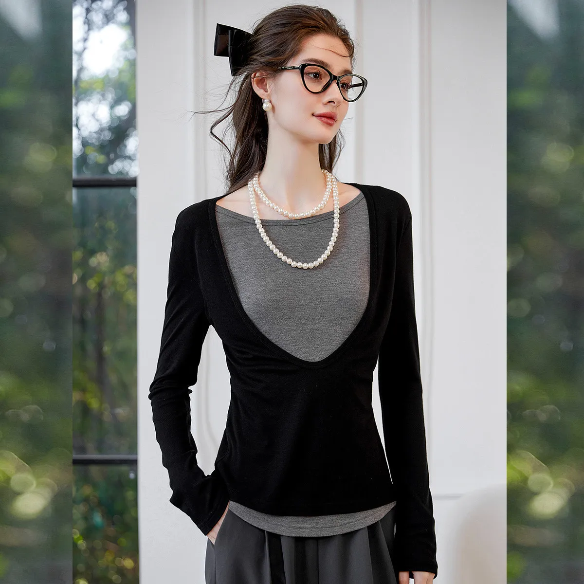 LOUISYAO Nep tweedelig tweekleurig dames-T-shirt 2025, lente/herfst T-shirts, ronde hals, lange mouwen, tops, licht rekbaar T-shirt