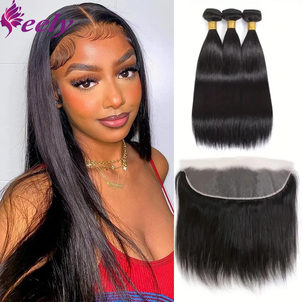 Bundles de cheveux humains brésiliens droits avec fermeture pour femme, dentelle transparente, noir naturel, 1B, 13x4